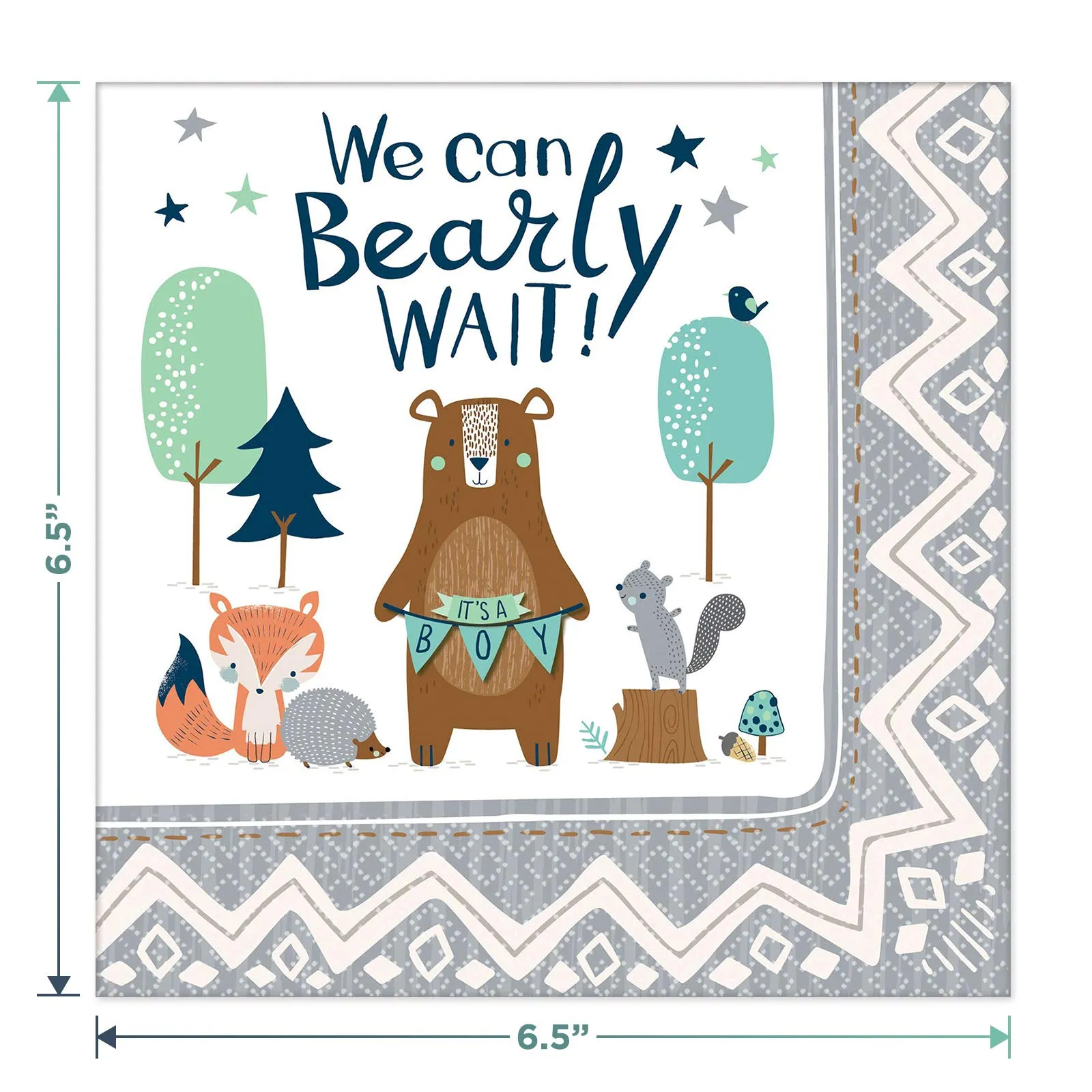 Bear-ly Wait Baby Boy Bear & Fox Paper Dinner Plates and Lunch Napkins (Serves 16)