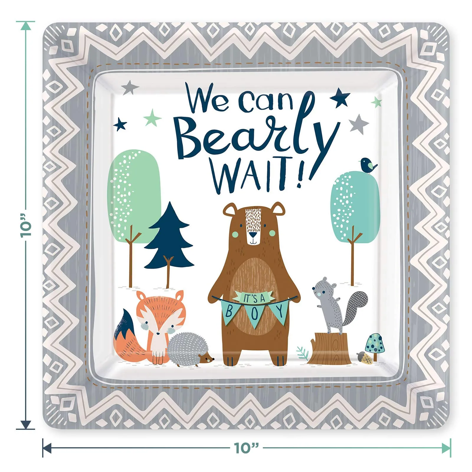 Bear-ly Wait Baby Boy Bear & Fox Paper Dinner Plates and Lunch Napkins (Serves 16)