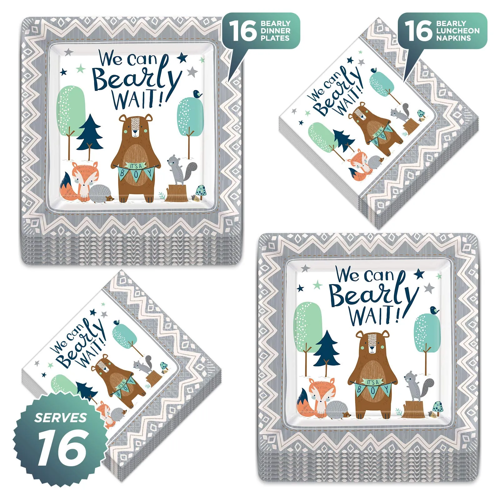 Bear-ly Wait Baby Boy Bear & Fox Paper Dinner Plates and Lunch Napkins (Serves 16)
