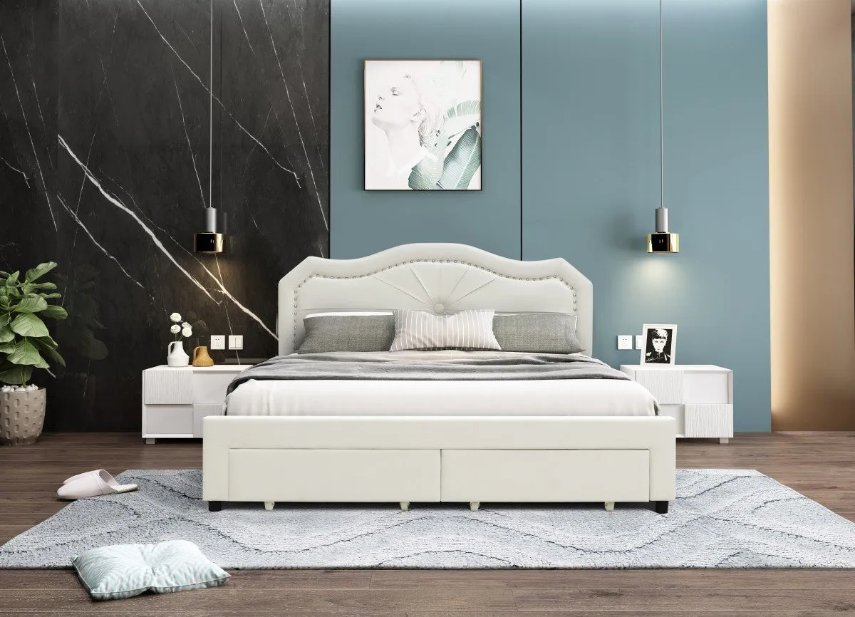 Beige Queen Platform Bed w/ 2 Footboard Drawers