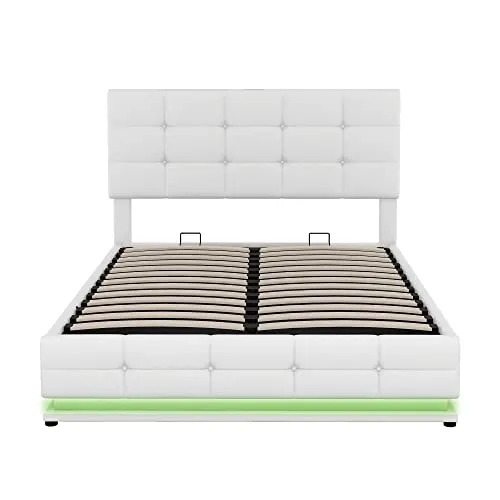 Bellemave Full Size Tufted PU Upholstered Platform Bed Frame with Gas Lift Up Storage, RGBW LED Lights and USB Charger, White
