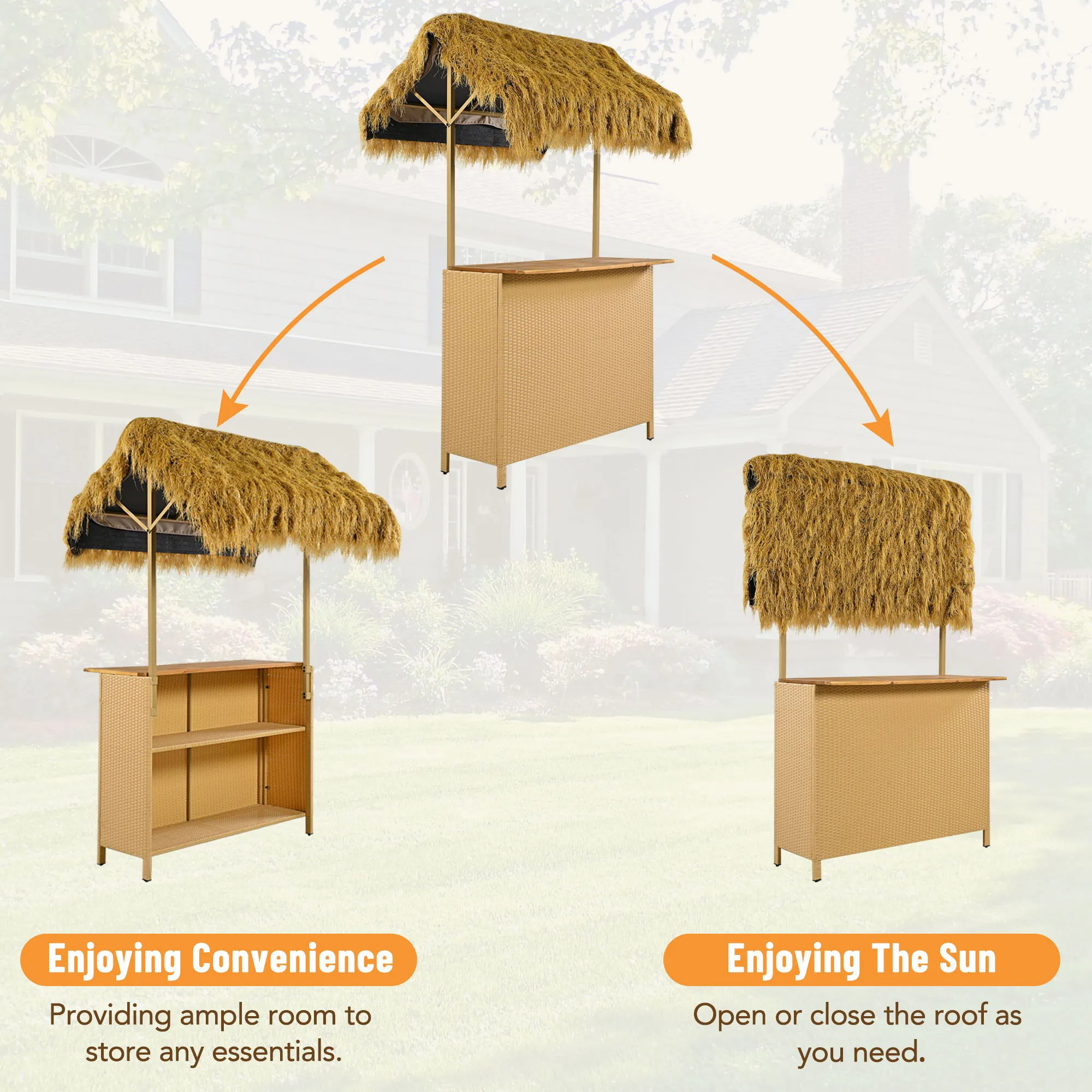 Couch.com Hawaiian-Style Bar Height Patio Set With PE Grass Canopy, Outdoor Bar Table And Stools With Adjustable Feet, Acacia Wood Top, For Dining And Drinking Natural, Adjustable, with Storage by Couch.com