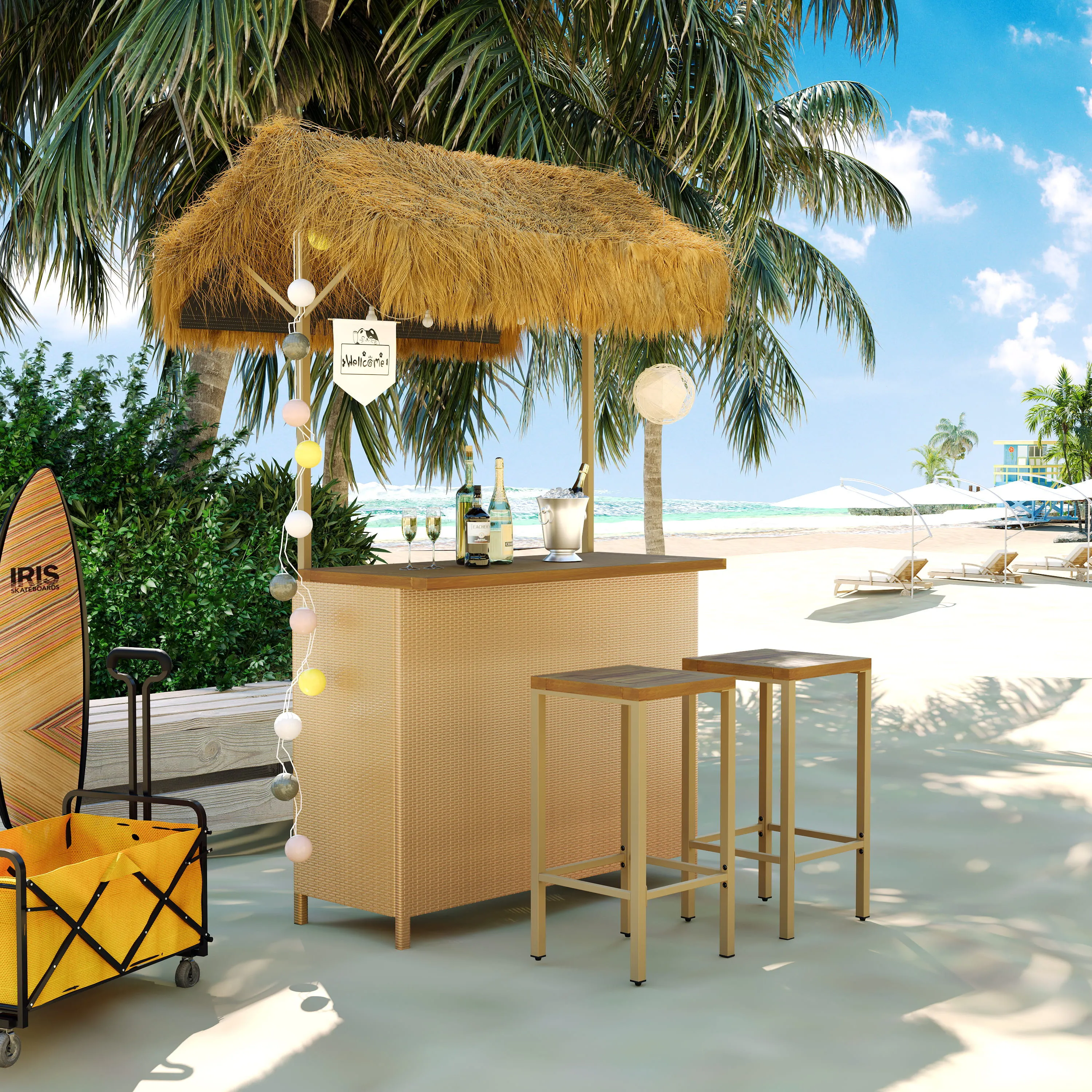 Couch.com Hawaiian-Style Bar Height Patio Set With PE Grass Canopy, Outdoor Bar Table And Stools With Adjustable Feet, Acacia Wood Top, For Dining And Drinking Natural, Adjustable, with Storage by Couch.com