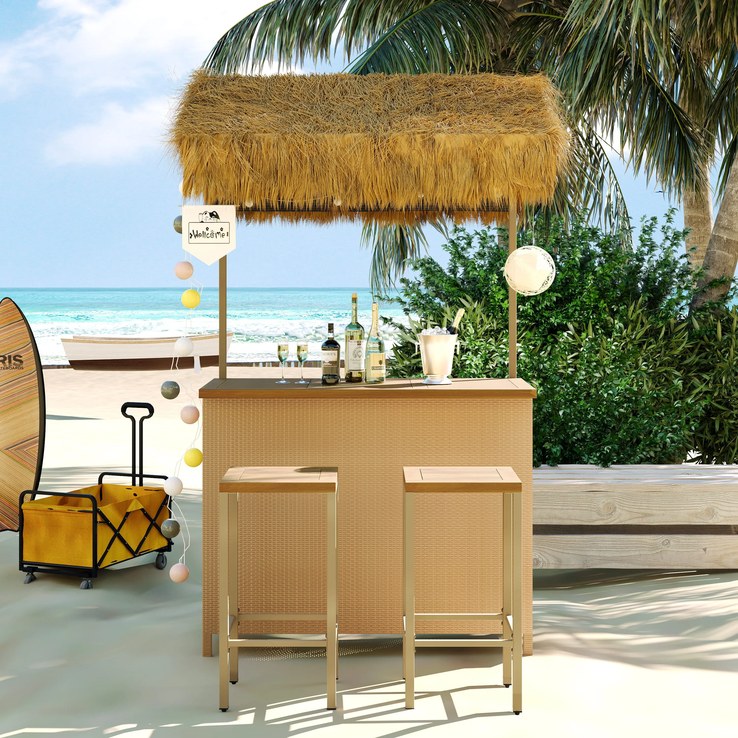 Couch.com Hawaiian-Style Bar Height Patio Set With PE Grass Canopy, Outdoor Bar Table And Stools With Adjustable Feet, Acacia Wood Top, For Dining And Drinking Natural, Adjustable, with Storage by Couch.com