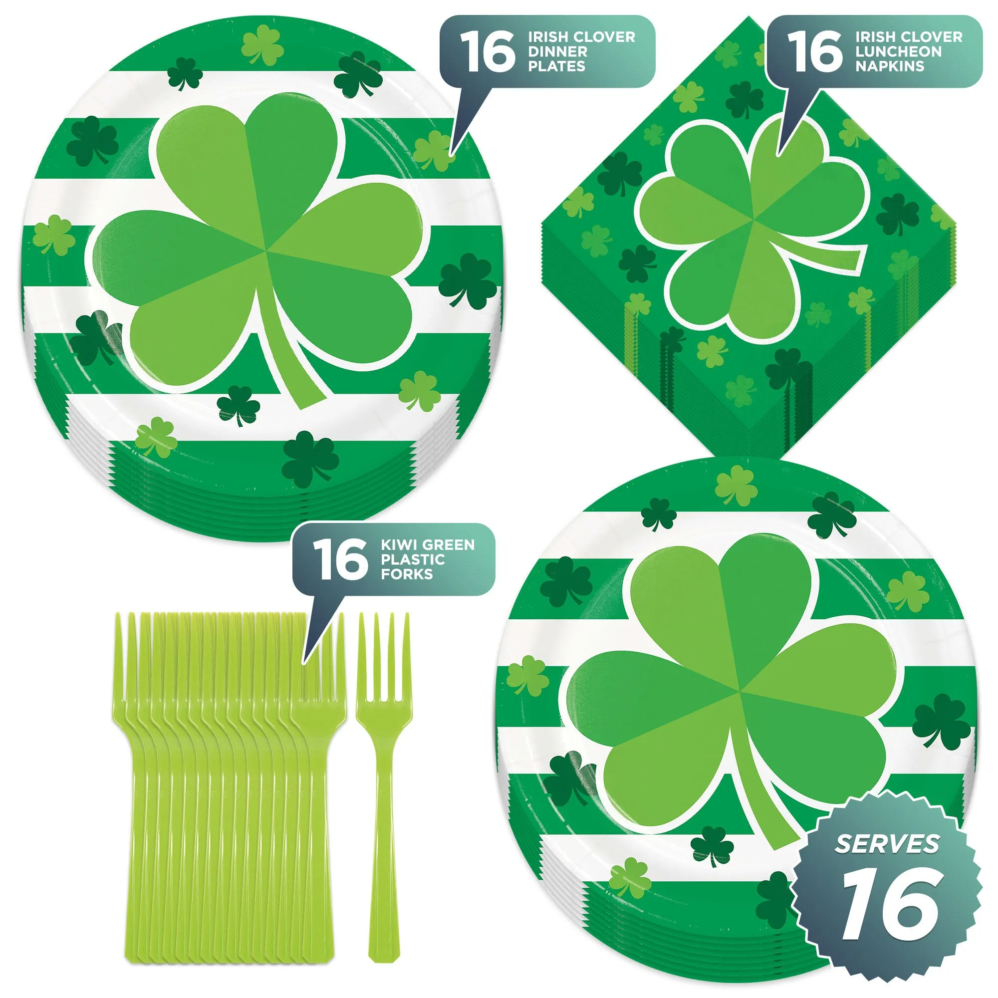 St. Patrick's Day Party Supplies - Irish Clover Paper Dinner Plates, Lunch Napkins, and Forks (Serves 16)