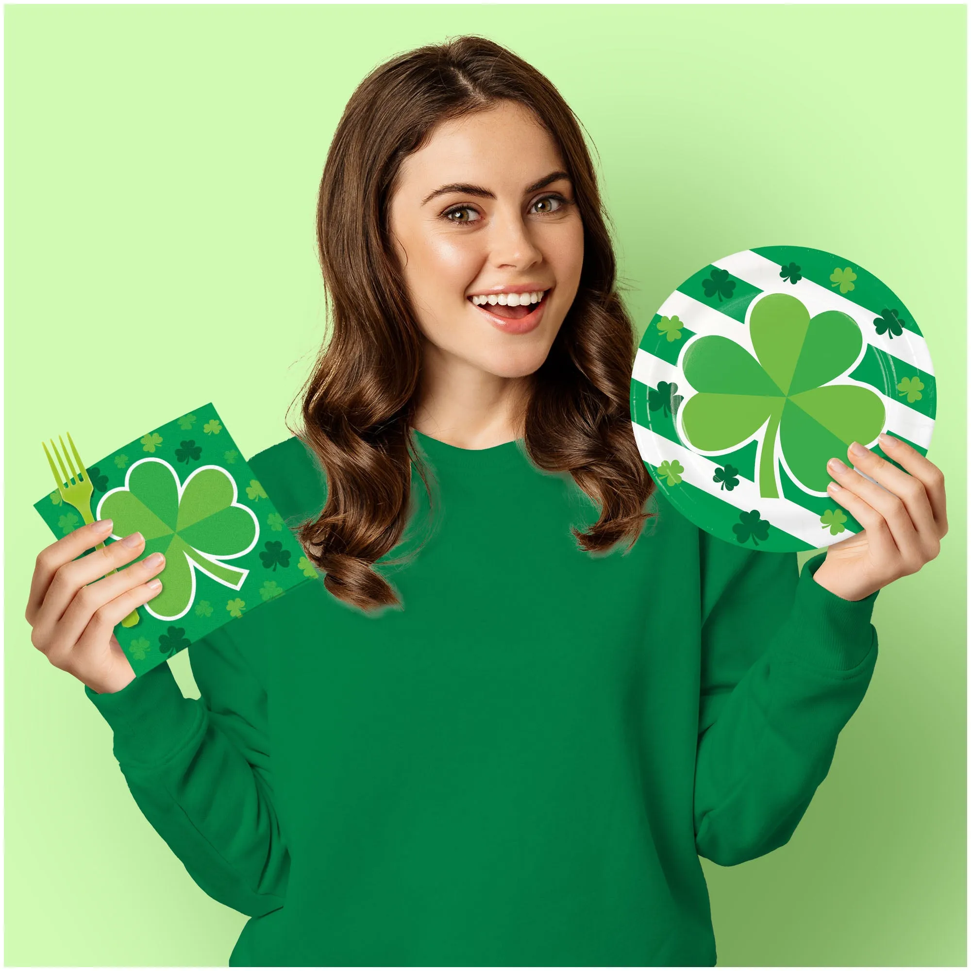 St. Patrick's Day Party Supplies - Irish Clover Paper Dinner Plates, Lunch Napkins, and Forks (Serves 16)